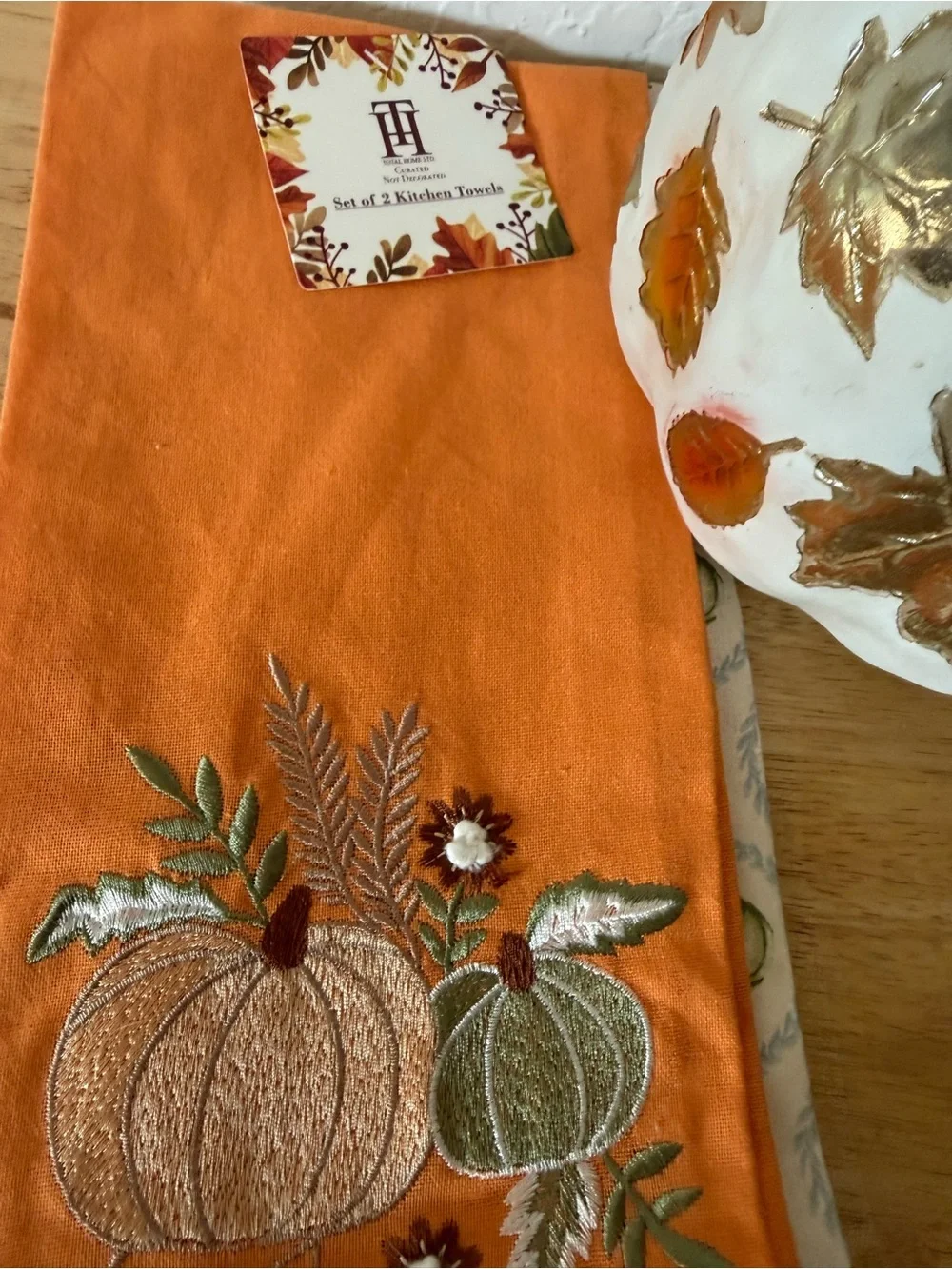 White  Pumpkin with Gold Leaf Accents - Seasonal Home Dining Decor